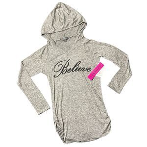 NWT Love Delirious Maternity Hoodie Dress Gray Embellished Believe Cinched Side